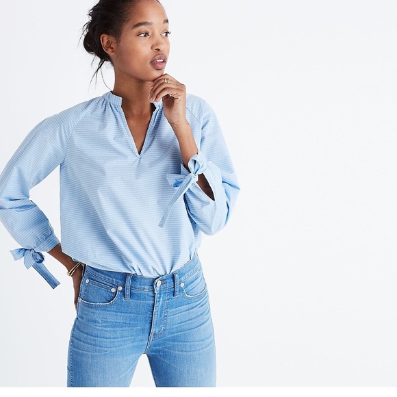 MADEWELL Striped Tie-Sleeve Popover Top blue & white size Small - Picture 1 of 9